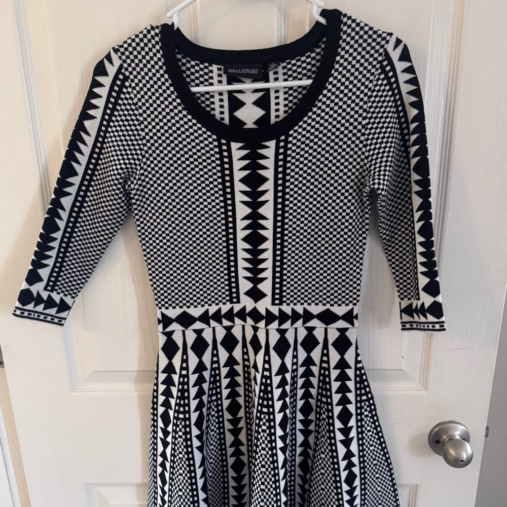 Nina Leonard Black and White Geometric Mini Sweater Dress